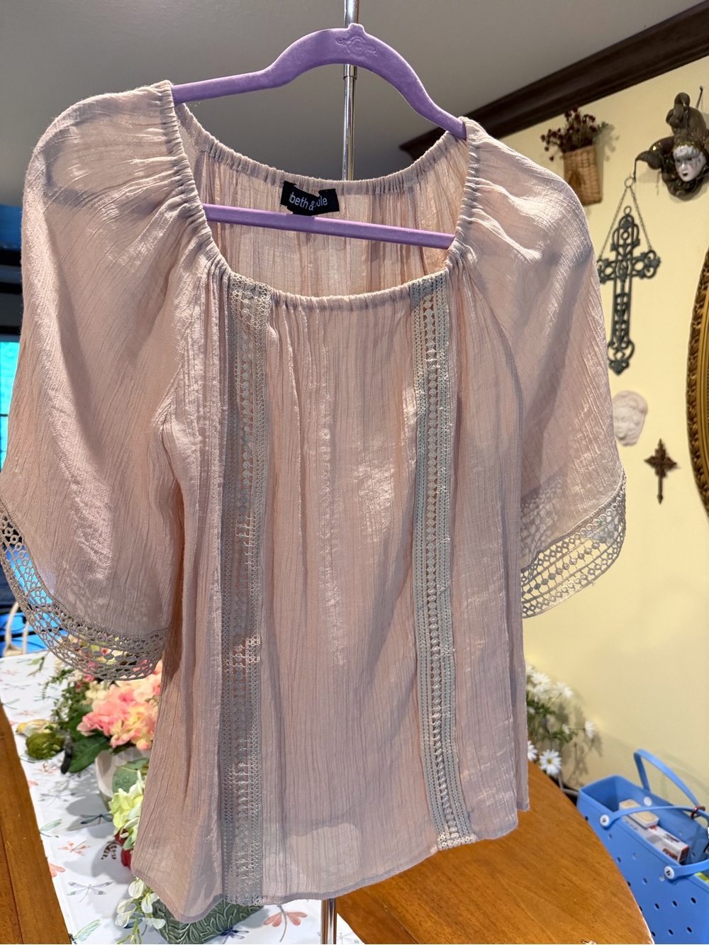 Beth 3/4 Sleeve Pink Lace-Trim Peasant Blouse